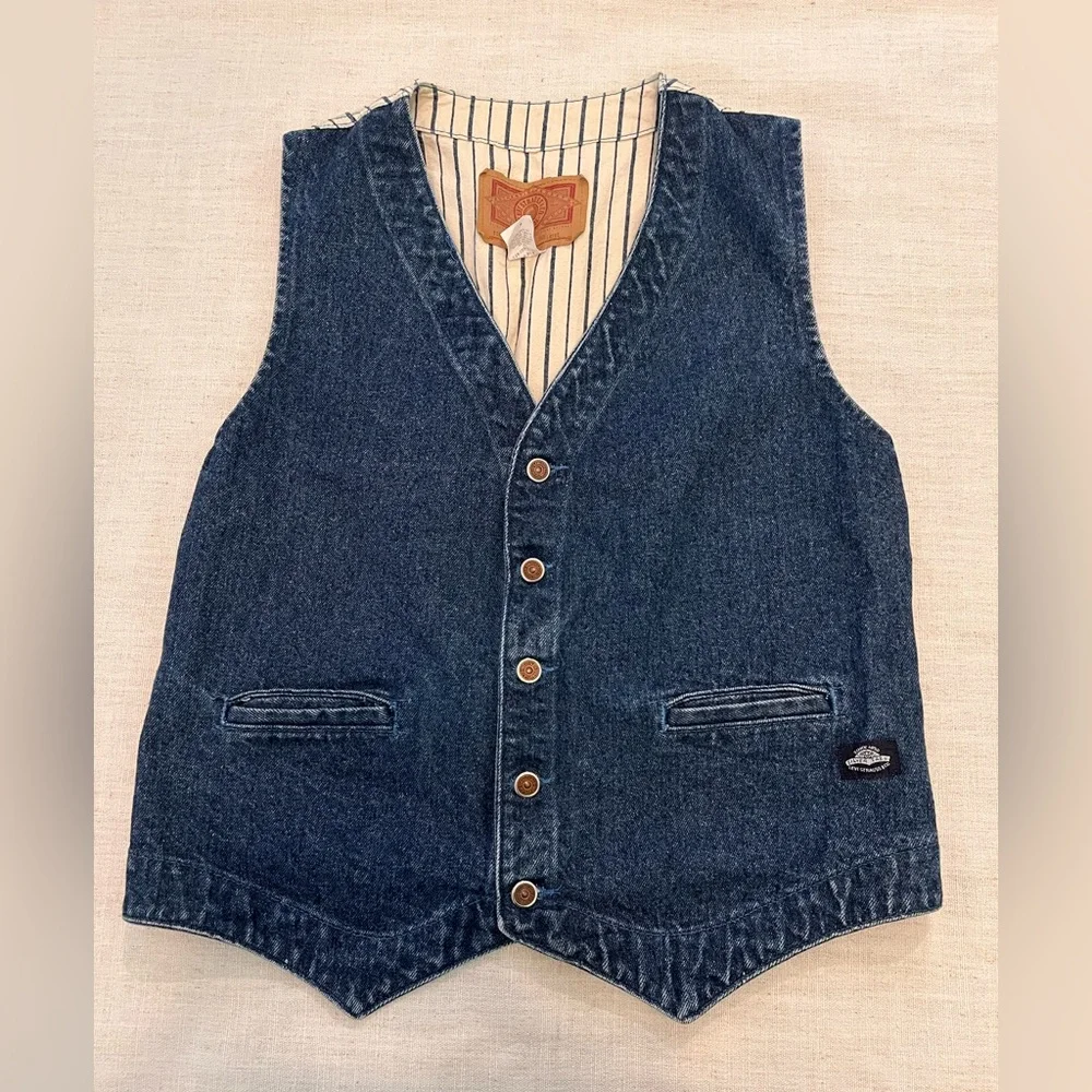 Vintage Levi's Made in USA Denim Vest Striped Lining Size Large - Picture 2 of 9
